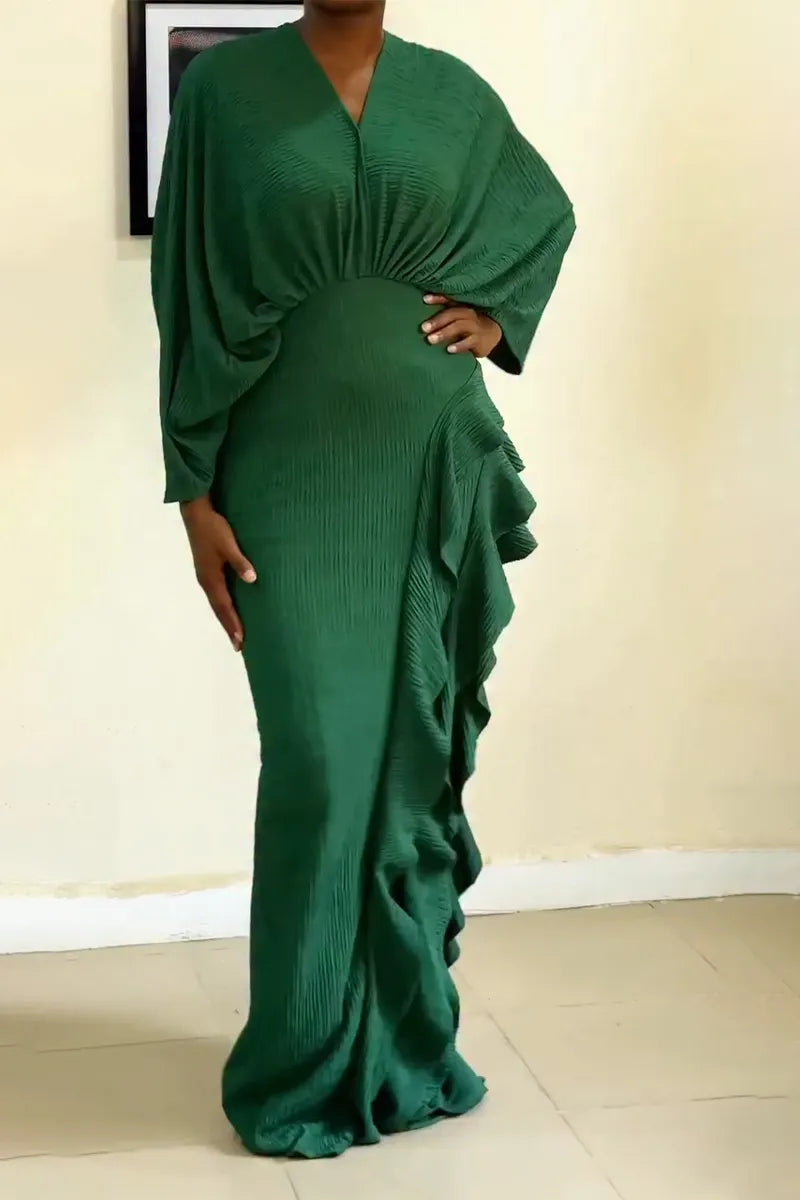 Women V-neck Waist Cinching Solid Color Elegant Temperament Dress