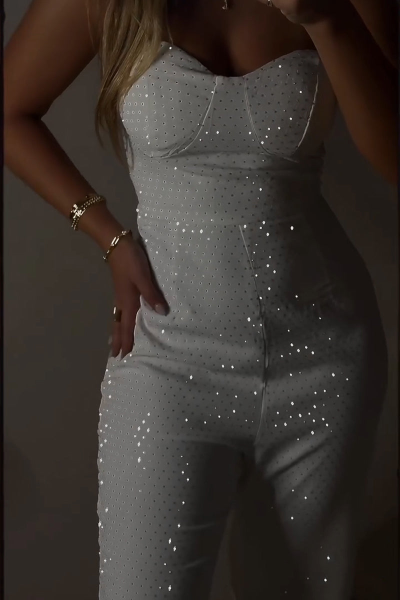 Women's Fashion Shiny Rhinestone Strapless Wide Leg Jumpsuit