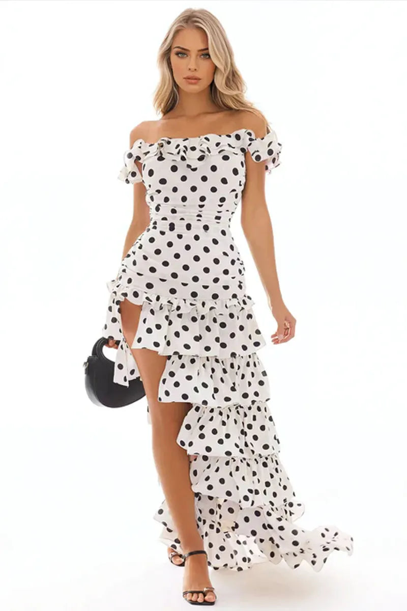 Women Polka Dot Off-Shoulder Ruffle Tiered High-Slit Maxi Dress