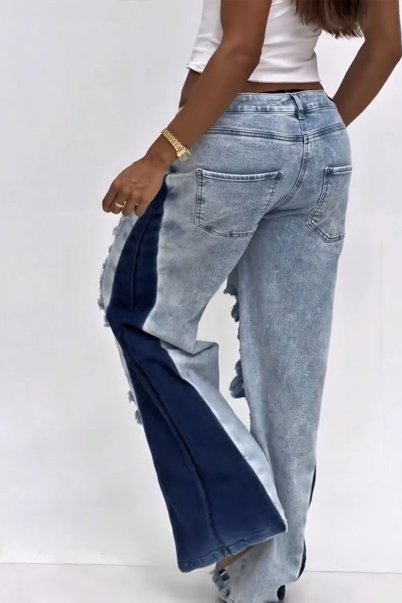 Women's Casual Ripped Washed Side Color Block Jeans