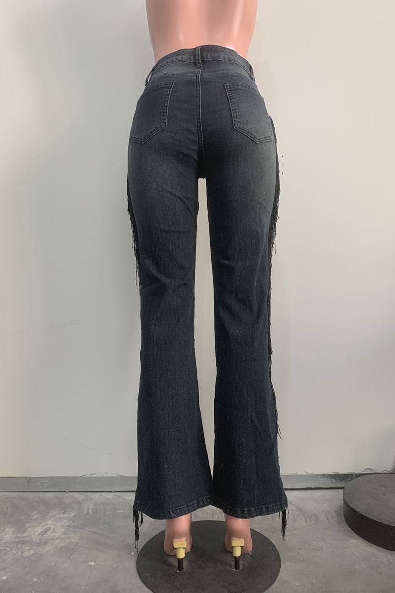 Women's Vintage Fringe Side High-Waist Jeans