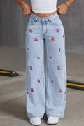 Lady Causal Cherry Print High-Waisted Jeans