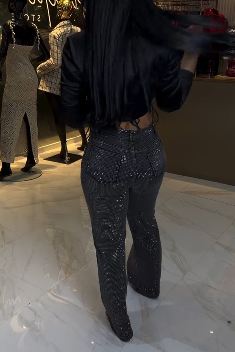Women's Fashion Shiny Rhinestone Wide Leg Jeans