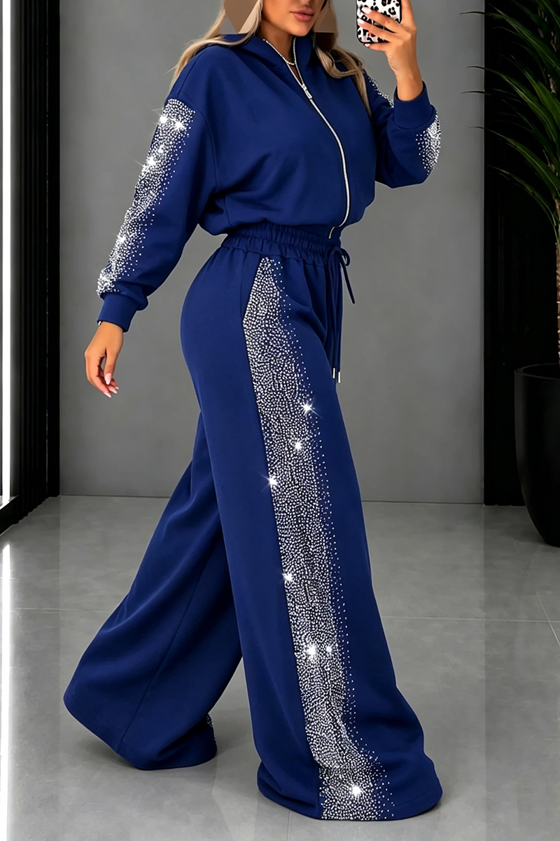 Women's Round Neck Hooded Hot Stamping Rhinestone Jacket+ Wide Leg Pants Casual Set
