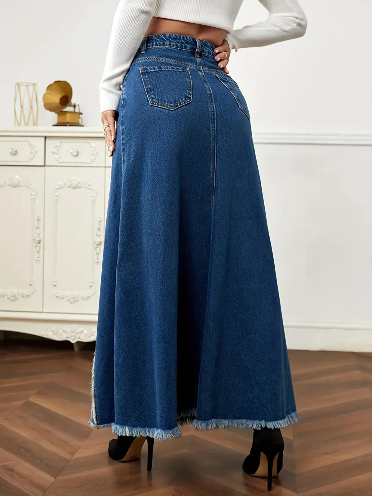 Casual Panel Washed Raw Hem Denim Skirt