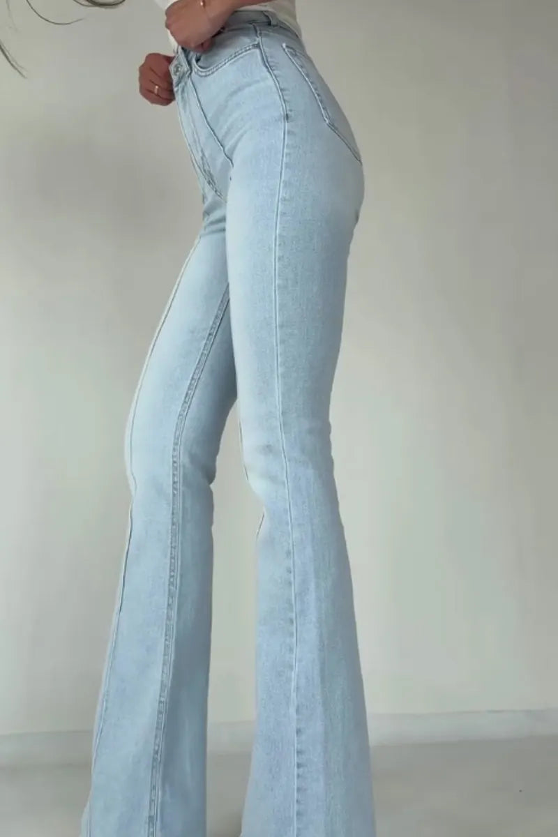 Women Slim Fit Front Stitch Detail Light Blue Bootcut Denim Pants