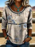 Women's Vintage Print Casual Hollow Denim Shirt