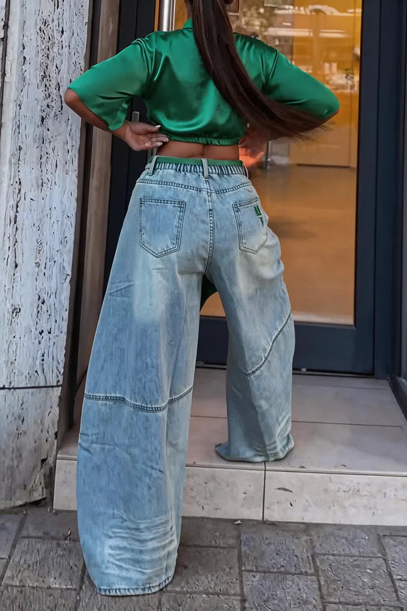 Women's Fashion Short Drawstring Pleated Top or Ripped Wide Leg Jeans