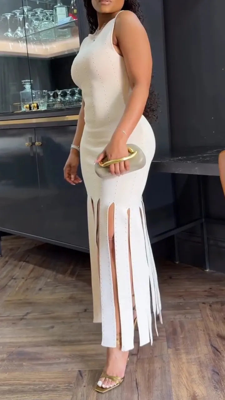 Women Round Neck Slit Solid Color Casual Dress