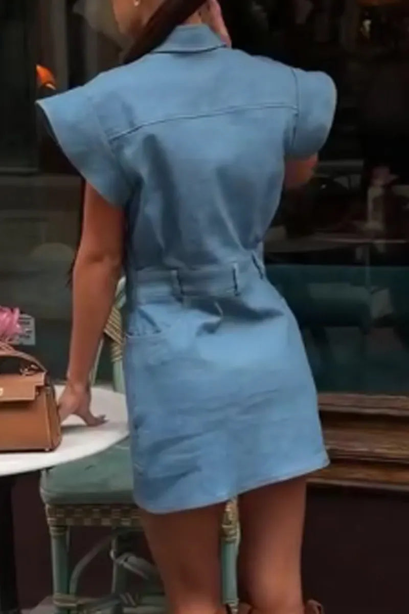 Women Collared Cap Sleeve Button Down Mini Denim Shirt Dress