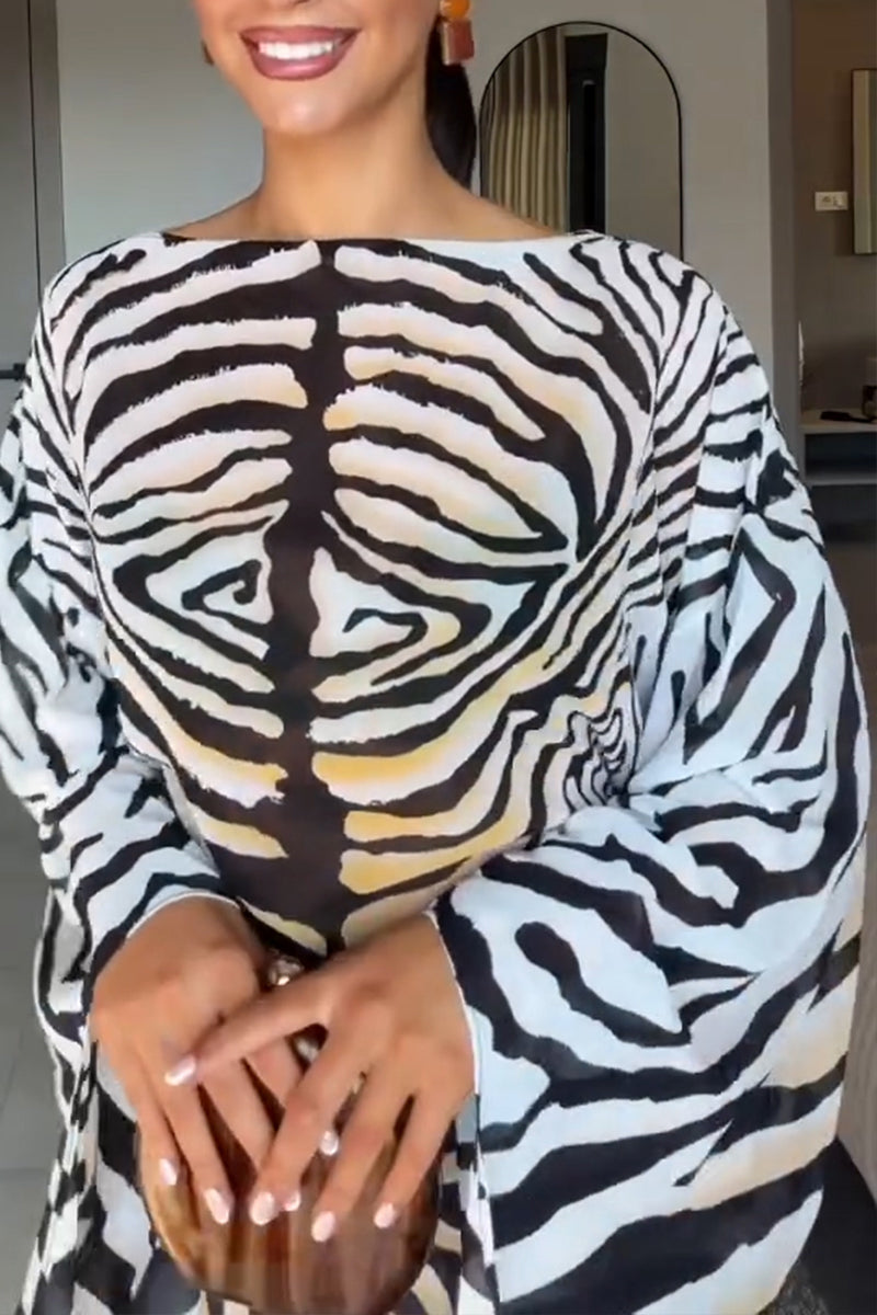 Women's Elegant Flowing Sleeve Zebra Pattern Mini Dress