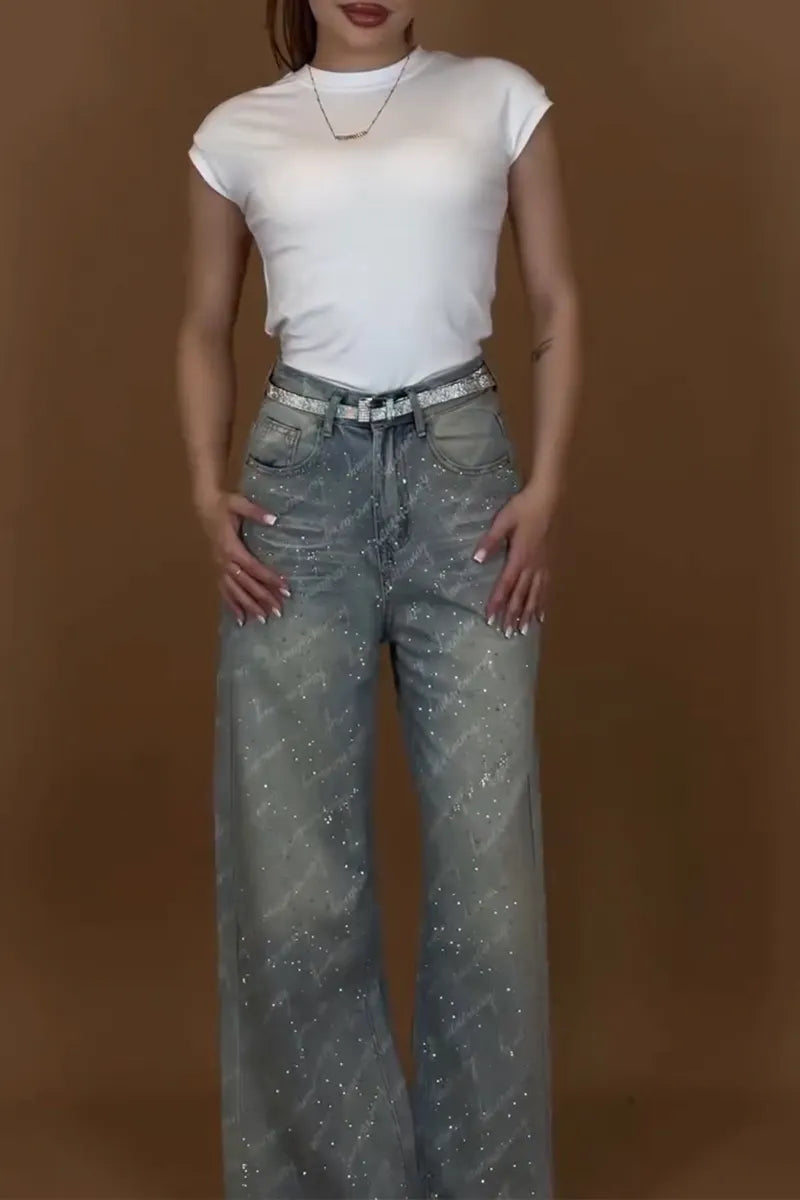 Women's Elegant Letter-Pattern Rhinestone Trim Jeans