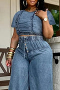 Women's  Short Sleeve Shirred Crop Top Or High Waist Drawstring Wide Leg Capri Pants