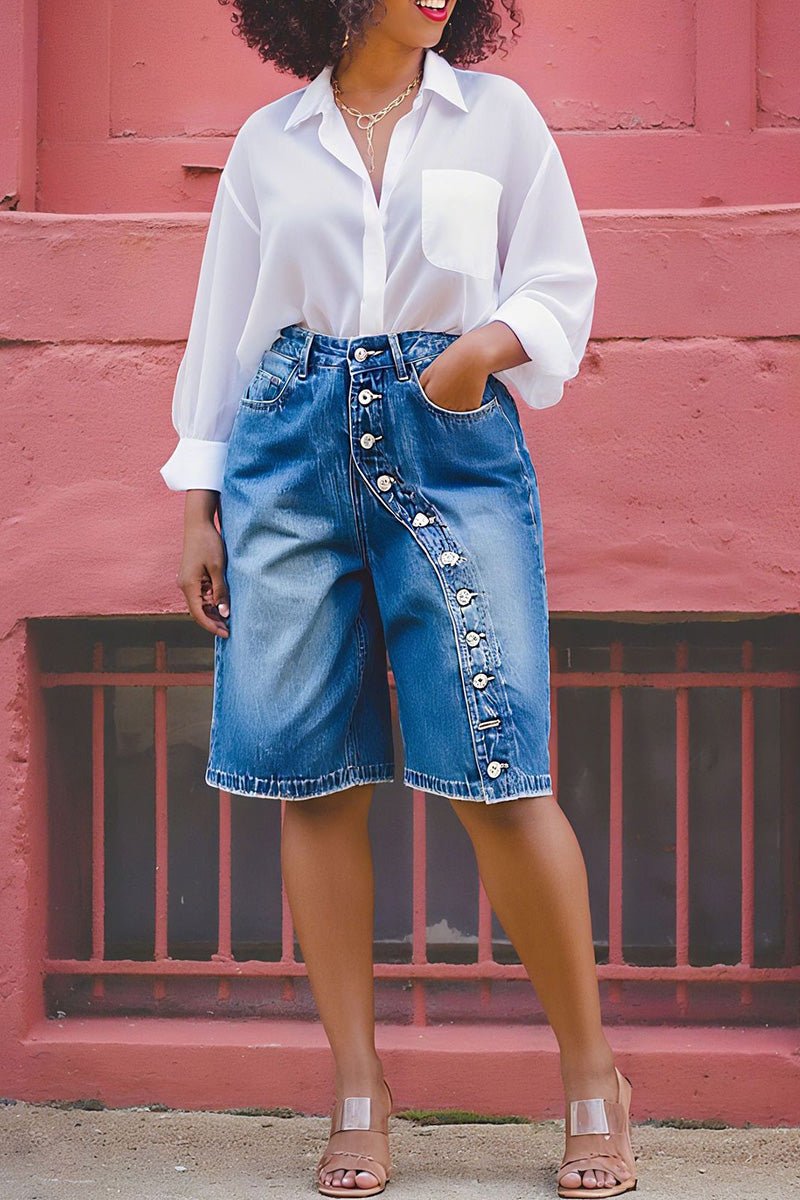Women's High Waisted Multi-Button Loose Denim Shorts