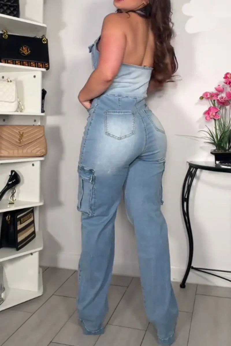Women's Multi Pocket Button Down Collar Sleeveless Long Denim Jumpsuit