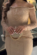 Women's Elegant Temperament with Off Shoulder Rhinestone Patterned Lace Top or Skirt