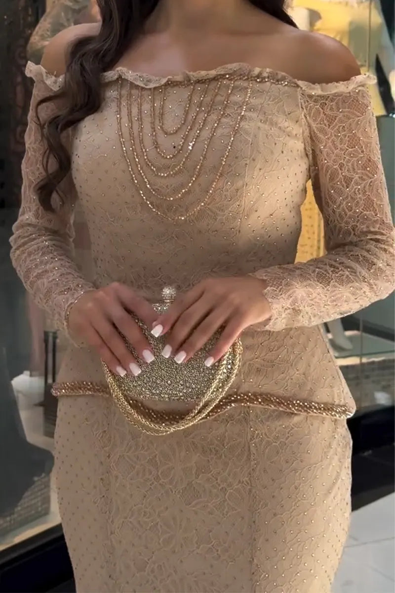 Women's Elegant Temperament with Off Shoulder Rhinestone Patterned Lace Top or Skirt