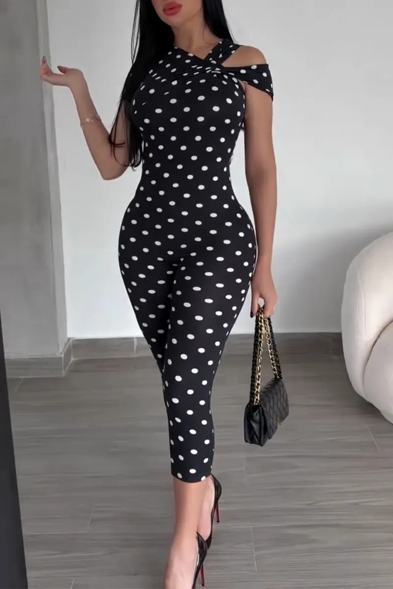 Women's Slim Fit Polka Dot Printed Casual Jumpsuit with Temperament