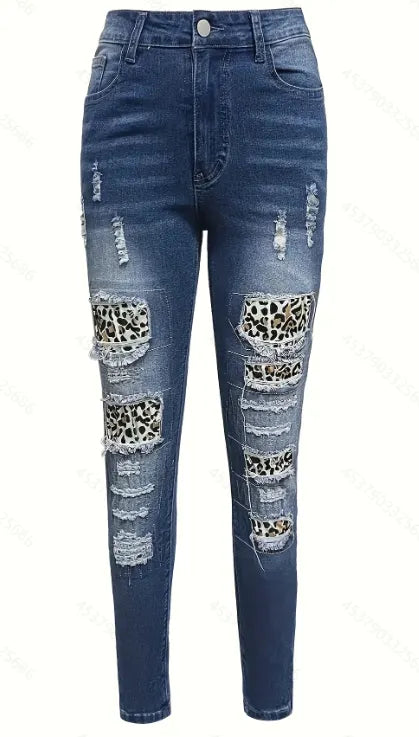 Women's Denim Patchwork Leopard Print Ripped Casual Trousers