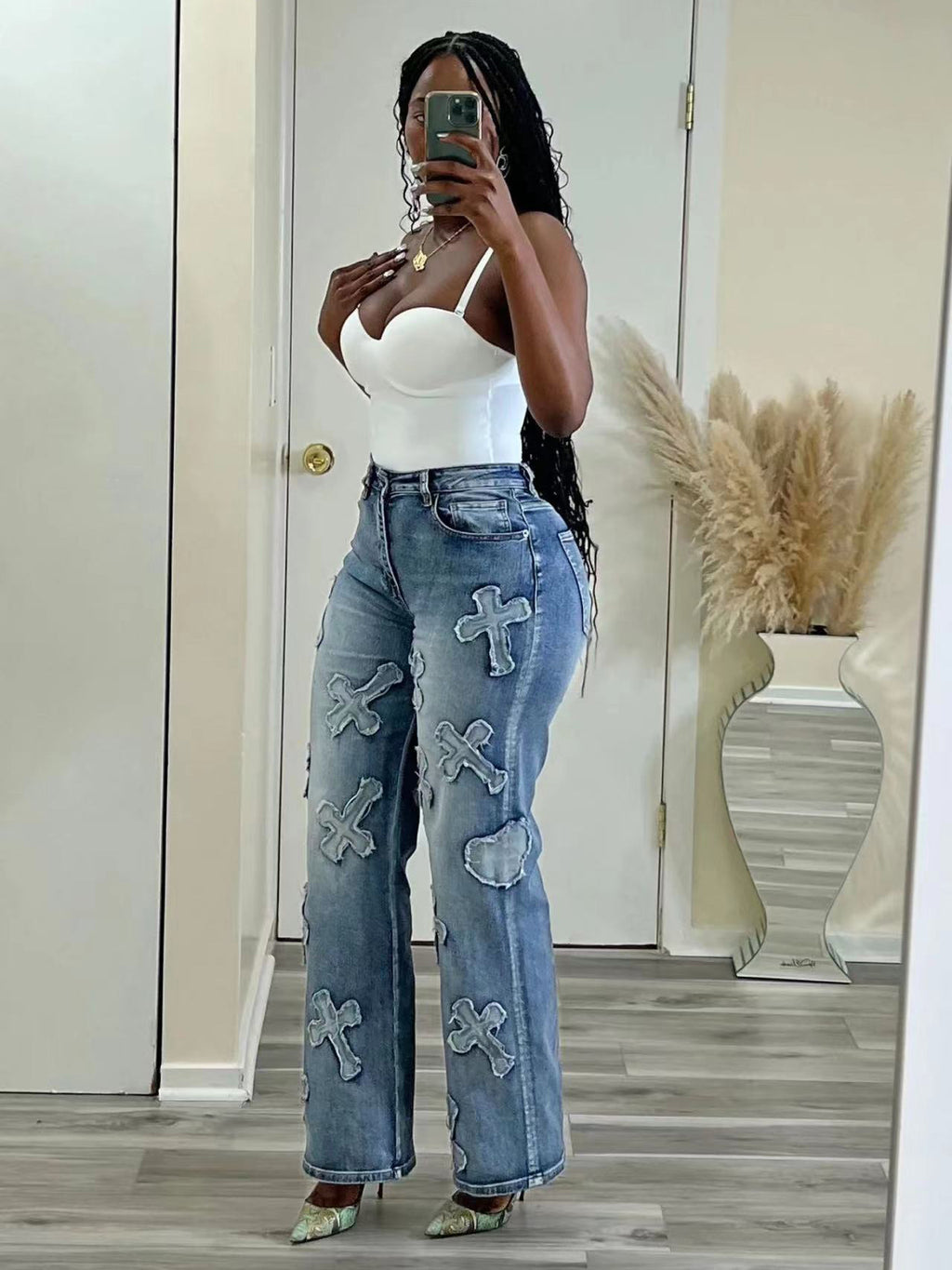 Vintage Fringe Cross Washed Straight Leg Jeans