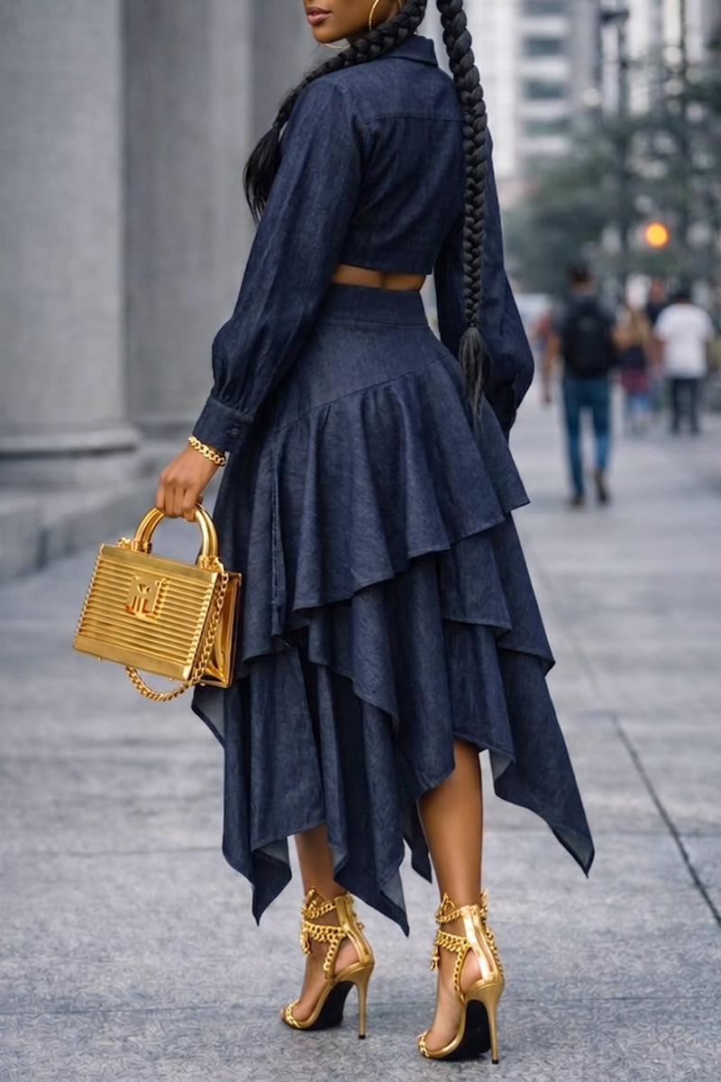 Women's Fashion Short Denim Top or Asymmetric Ruffle Hem Denim Skirt