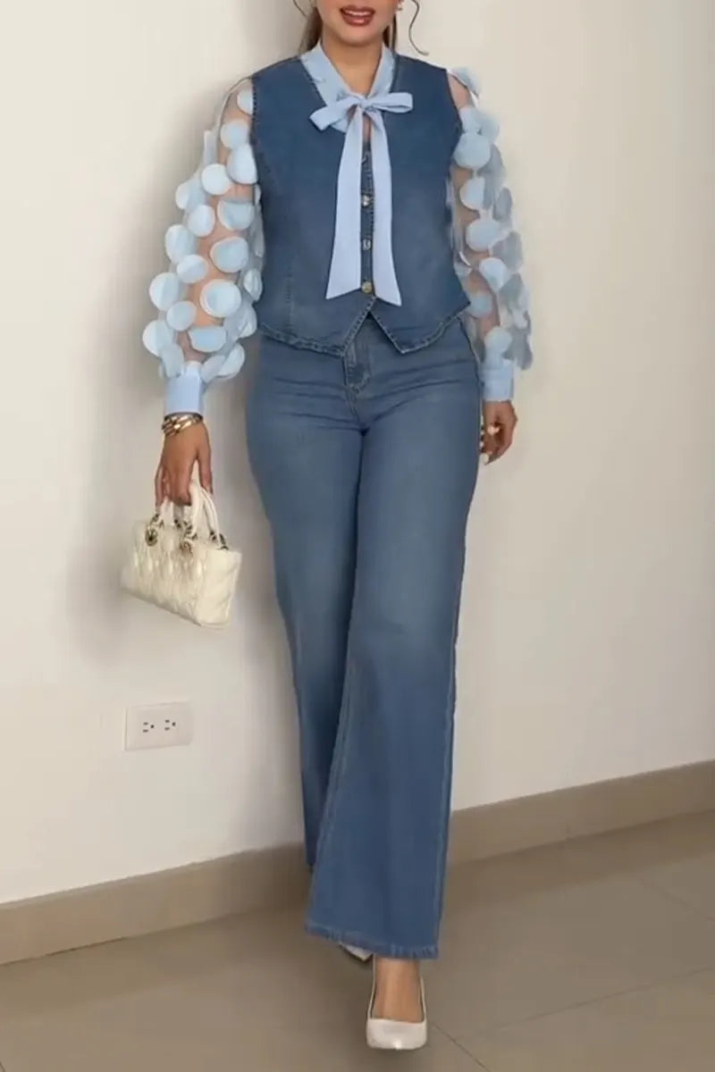 Women Round Neck Circular See Through Top or Denim Vest or Denim Pants