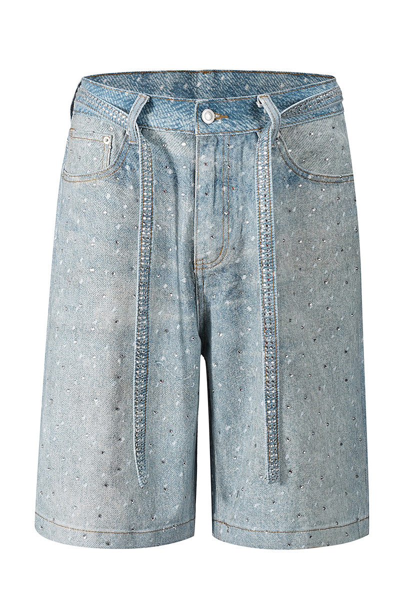 Women's Denim Shorts With Crystal Embellishments and Detachable Belt