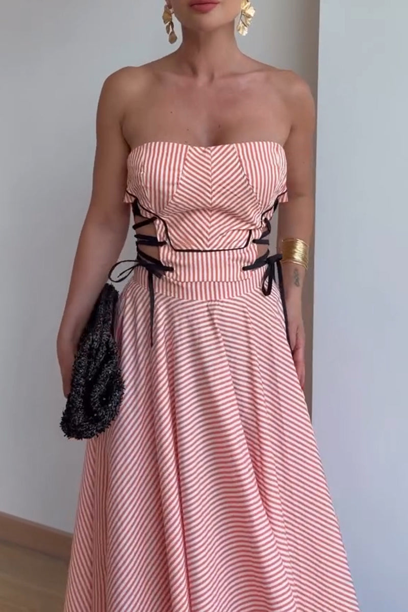 Women's Casual Vacation Side Tie Strapless A-Line Skirt Stripe Two-Piece Set