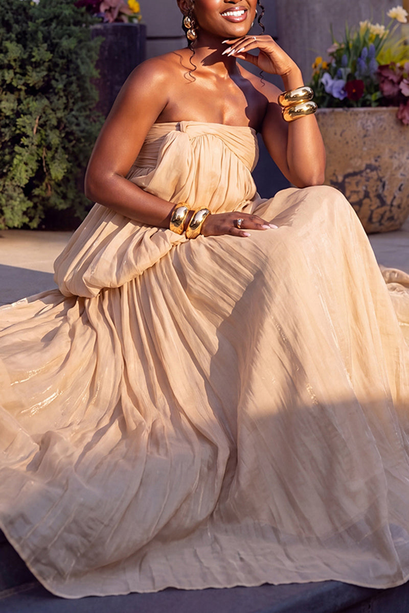 Women's Casual Pleated Asymmetric Strapless Maxi Dress