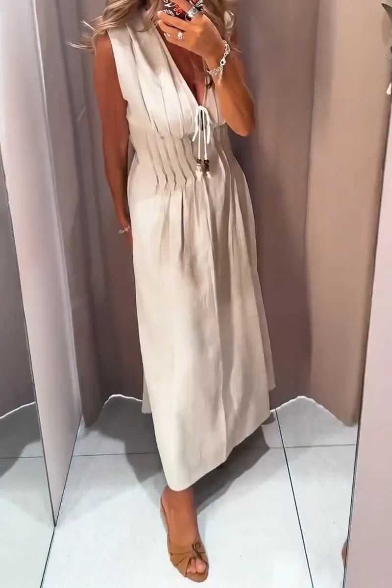 Women Deep V-neck Cinched Waist Elegant Casual Maxi Dresses