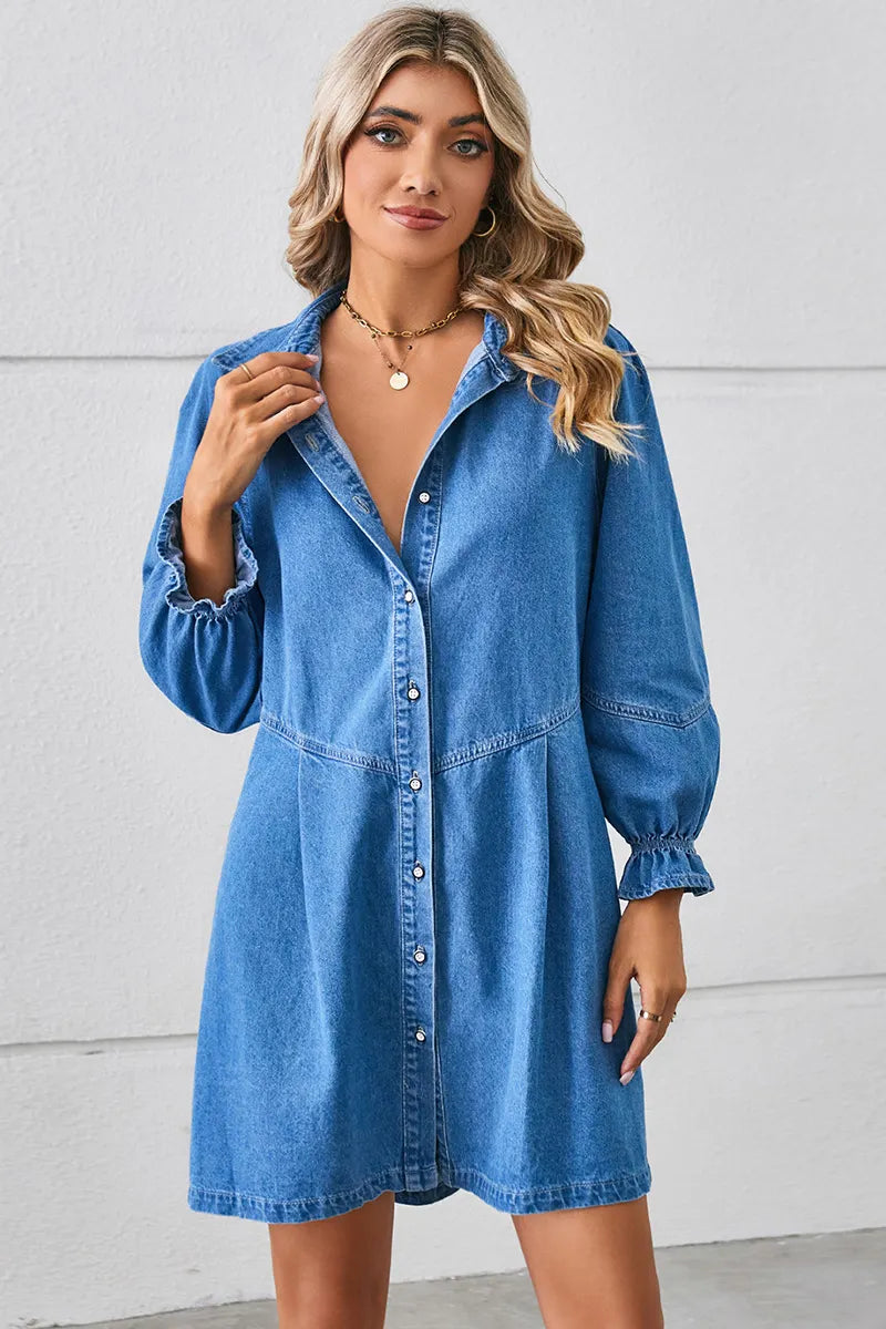 Casual Puff Sleeve Loose Fit Washed Denim Dress