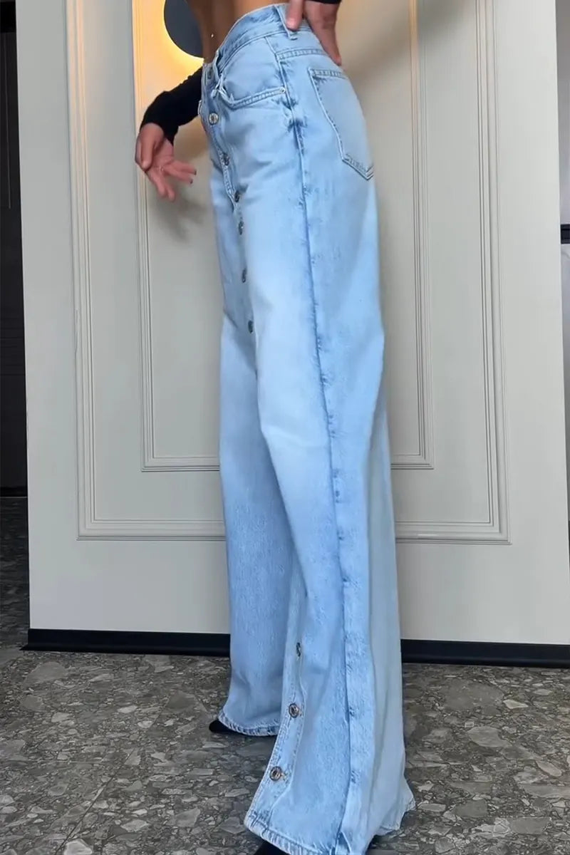 Women's Fashion Button Front Double Layer Wide-Leg Jeans
