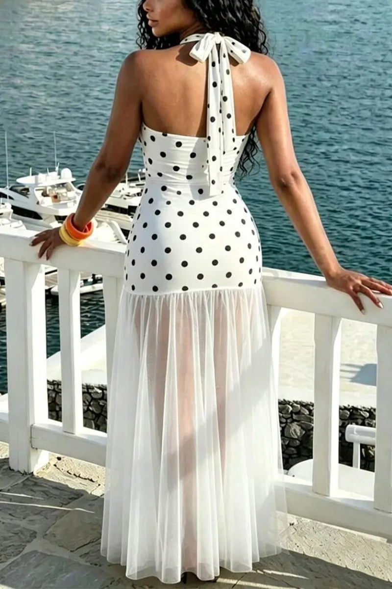 Women's Neck Hanging Polka Dot Printed Patchwork Mesh Vacation Casual Style Dress