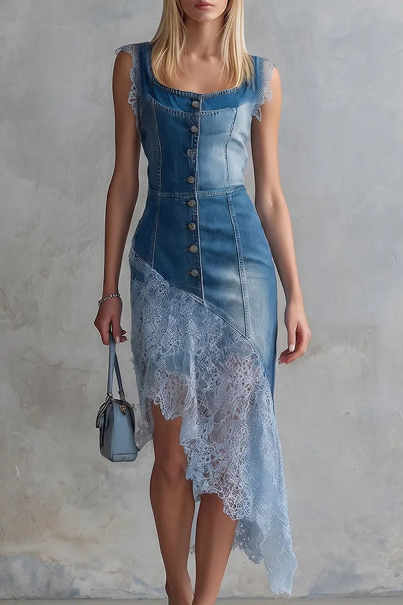 Women's Casual Square Neck Sleeveless Lace Patchwork Denim Dress