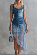 Women's Casual Square Neck Sleeveless Lace Patchwork Denim Dress