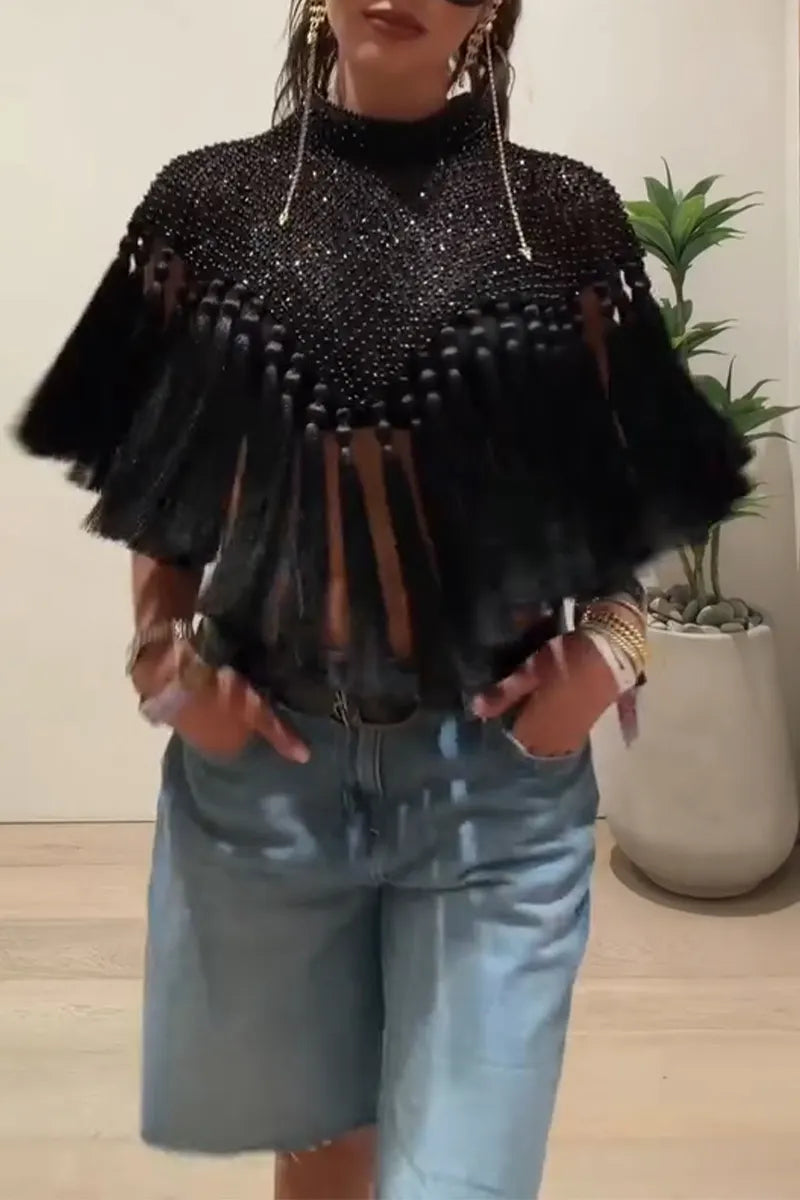 Women Round Neck Nail Bead Patchwork Tassel Irregular Top