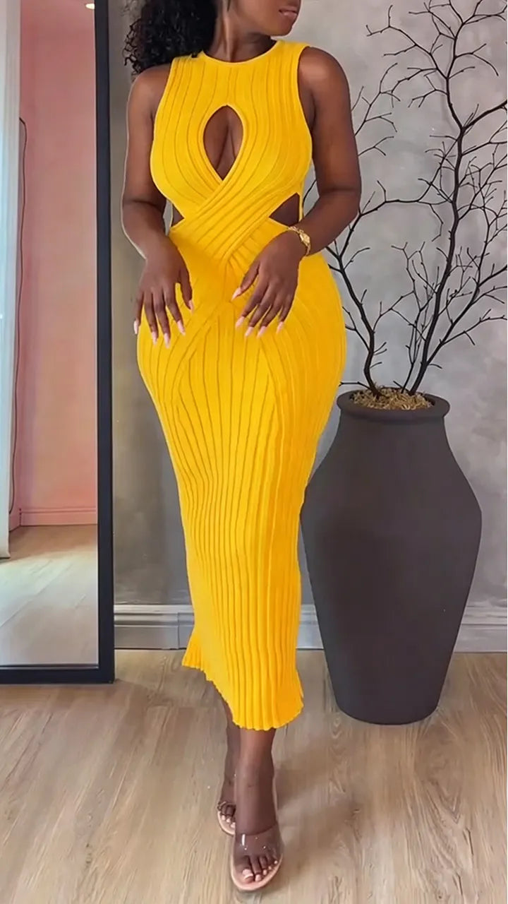 Women Round Neck Sleeveless Hollow Waist Solid Color Elegant Temperament Dress