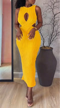 Women Round Neck Sleeveless Hollow Waist Solid Color Elegant Temperament Dress