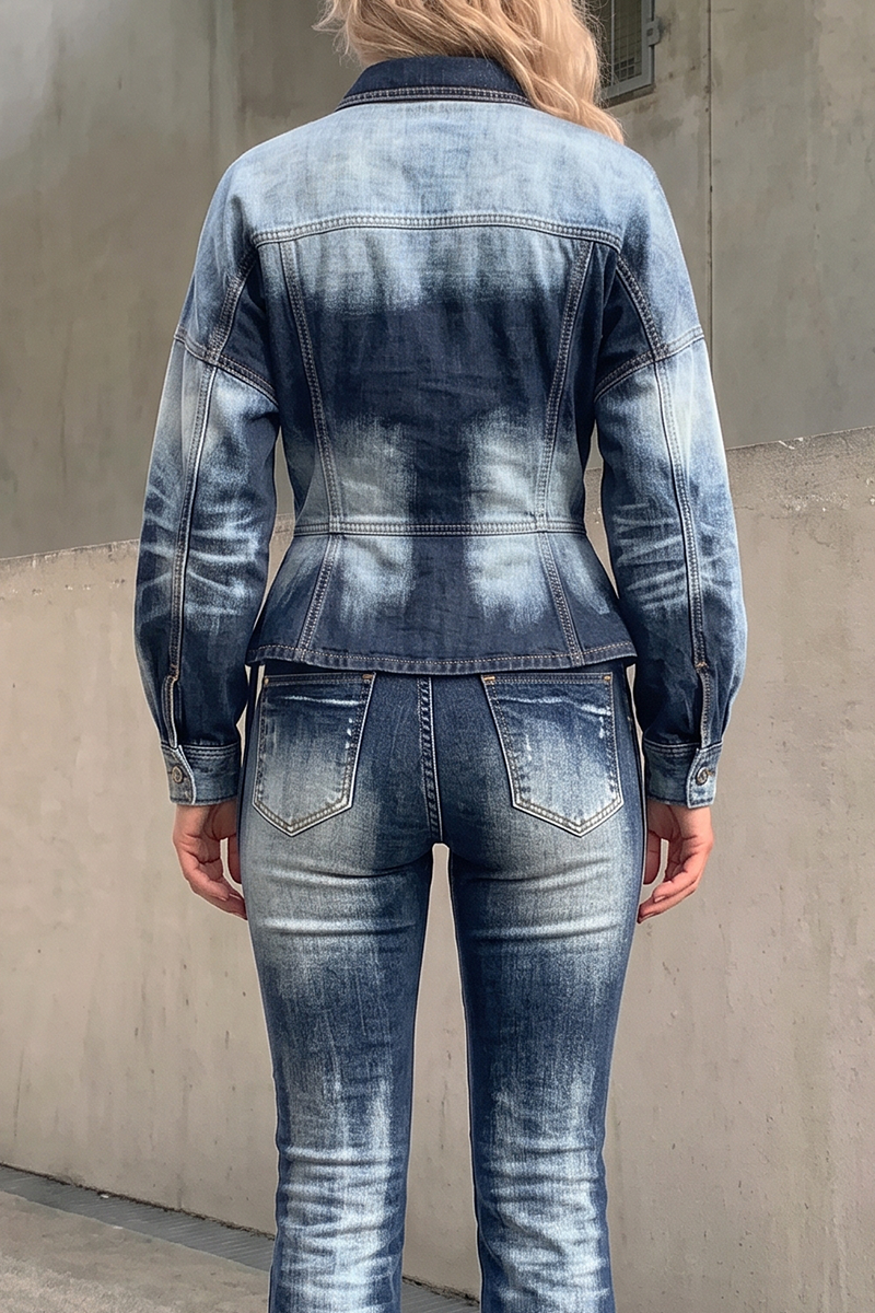 Women's Vintage Bleached Denim Matching Set Slimming Cinched Waist Button-Down Coat and Bootcut Pants