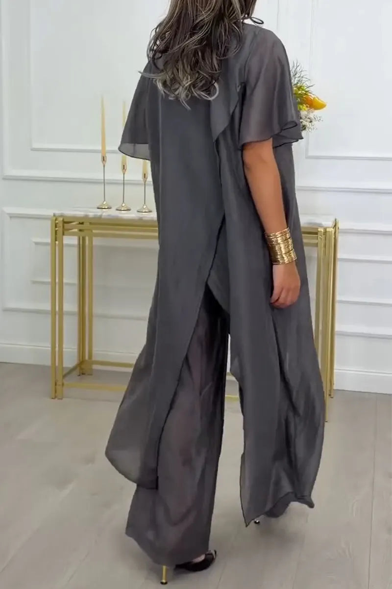 Women's Round Neck Spliced Slit Long Top+ Pants Casual Suit
