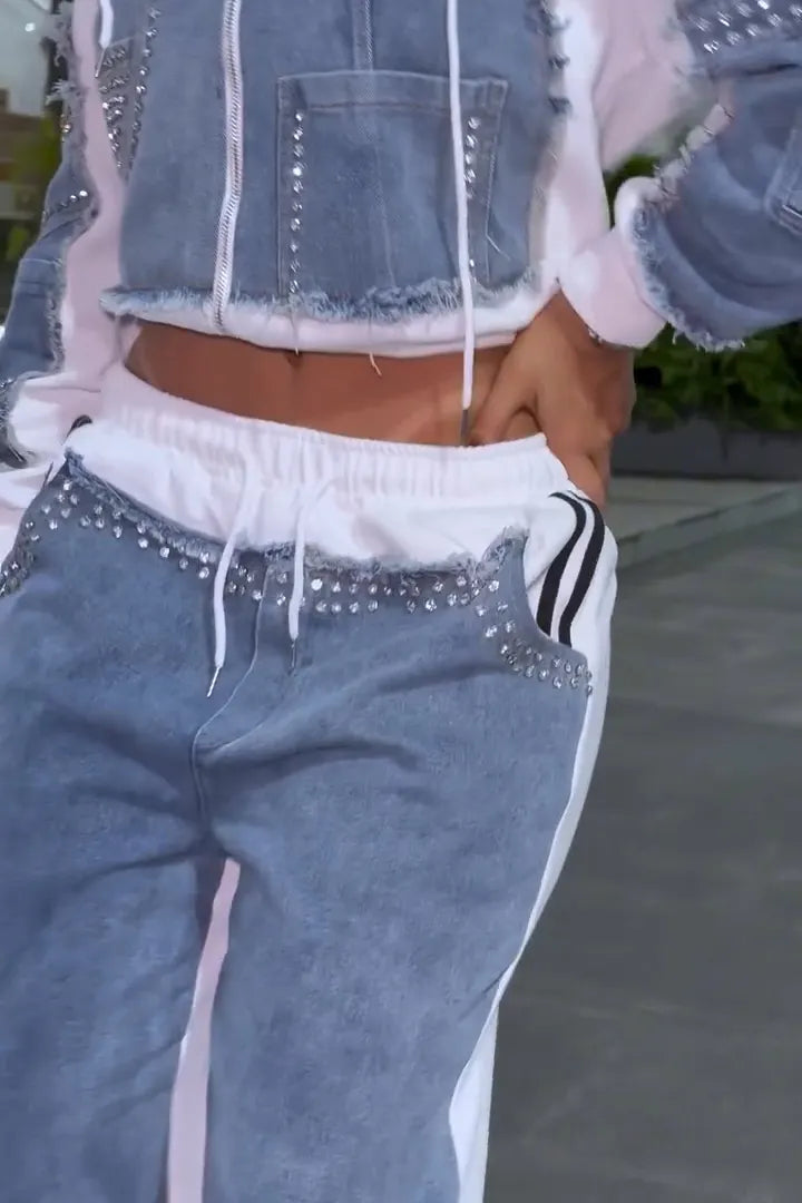 Fashion Denim Panel Hooded Jacket + Hotfix Rhinestone Jeans