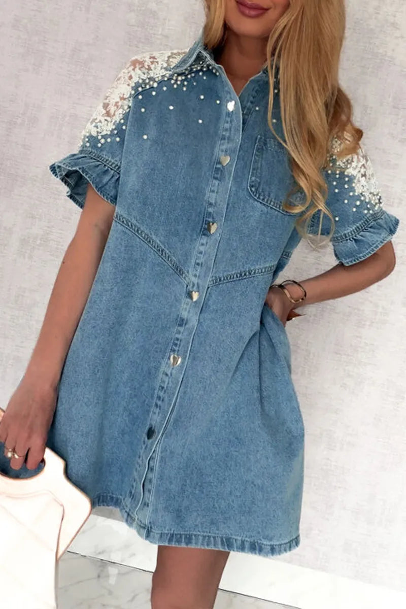 Women's Casual Beaded Lace Patchwork Denim Mini Dress