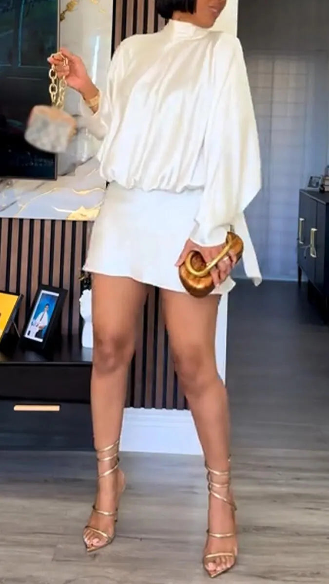 Women Round Neck Long Sleeved Top + Skirt Elegant Temperament Suit