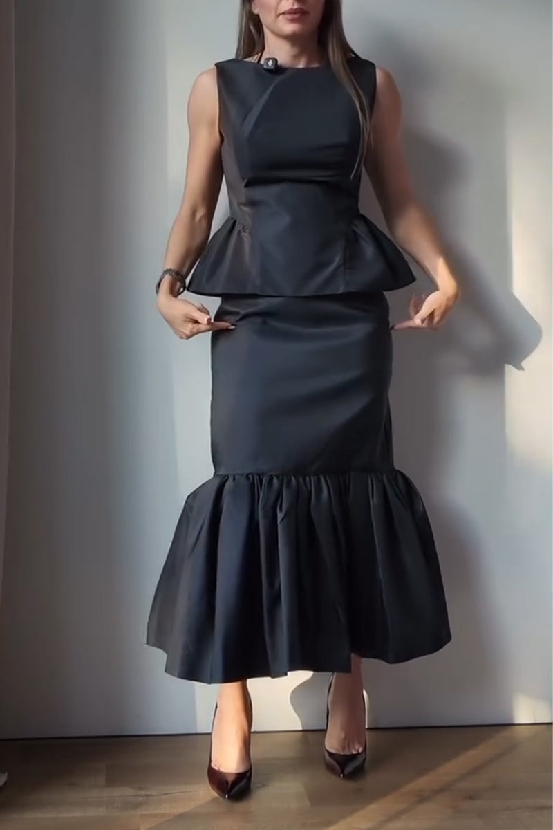 Women's Round Neck Sleeveless Waist Cinched Top+ Half Skirt Solid Color Elegant Temperament Set