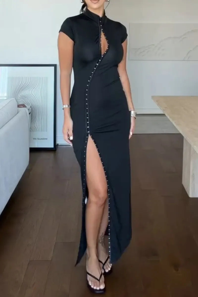 Women's Fashion Button Design Stand Collar Slit Hem Maxi Dress