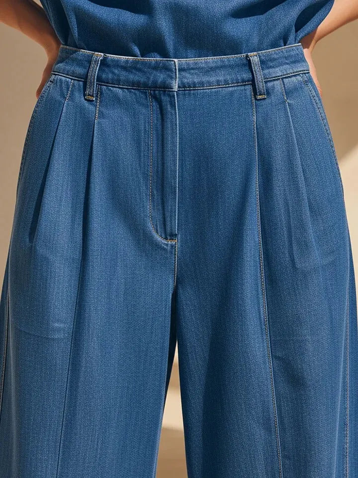 Navy Blue Denim Half-Zip Oversized Shirt & Wide-Leg Pants Set