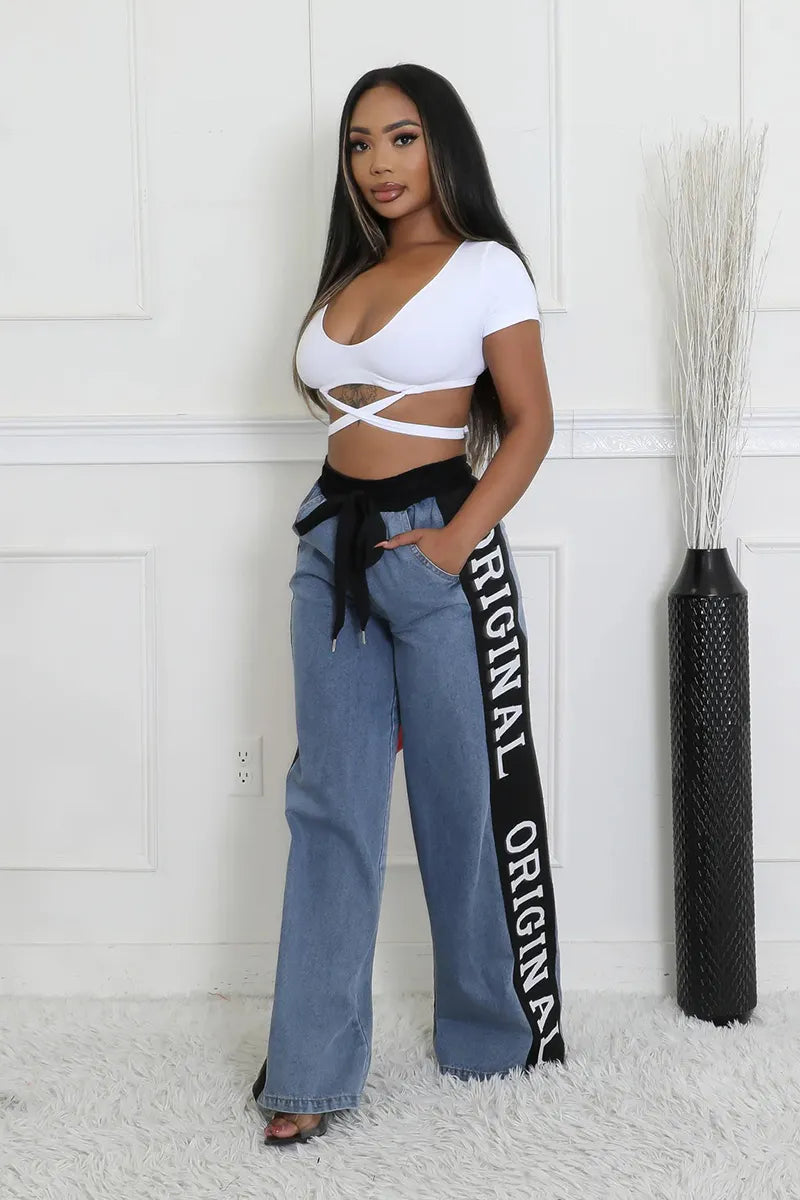 Women's Patchwork Webbing Wide-Leg Denim Jeans