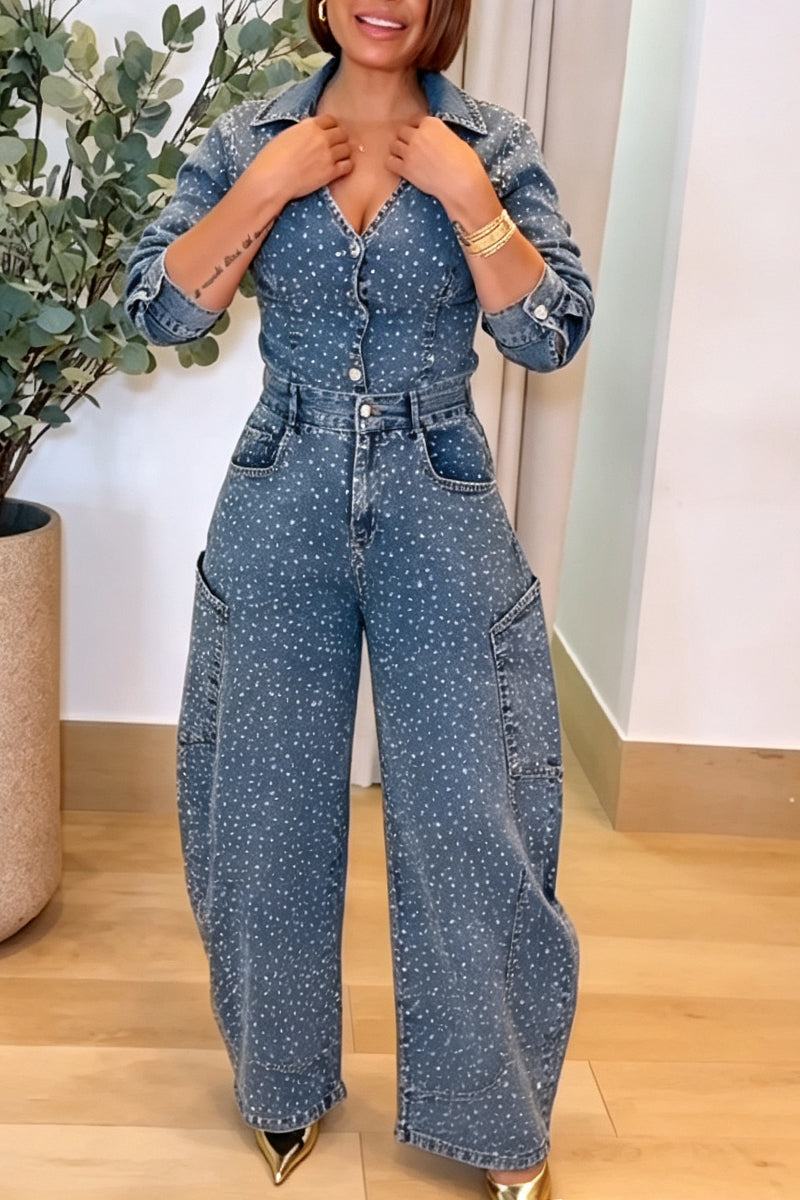 Women's Fashion Rhinestone Decoration V-Neck Denim Jacket or Jeans
