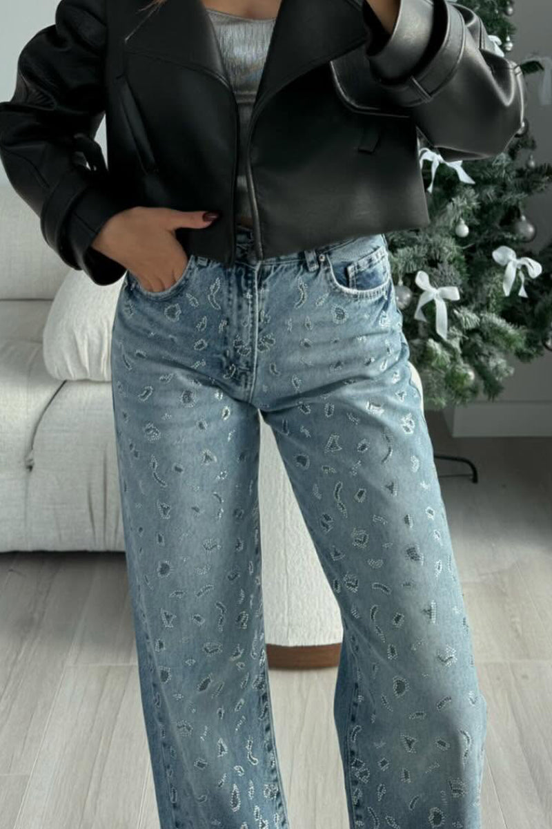 Ladies' Hot Selling Casual Rhinestone Denim Straight Leg Pants In Spring And Summer