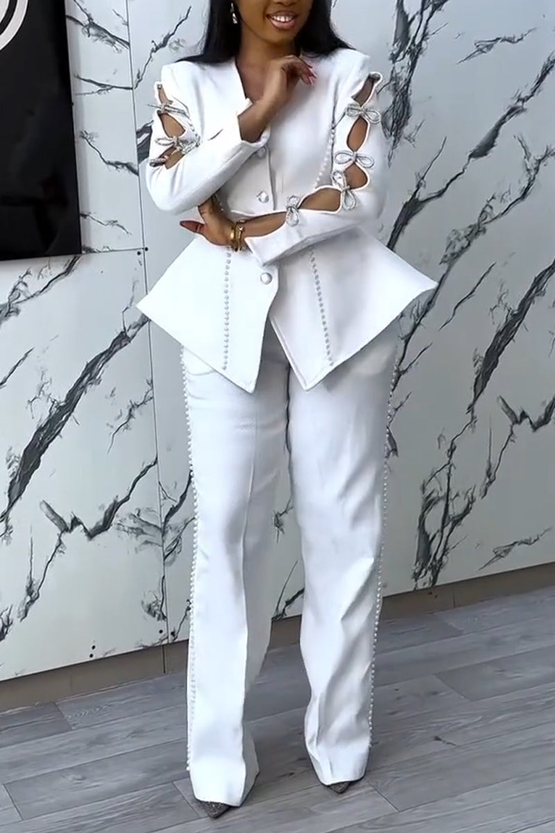 Women's V-neck Nail Bead Sleeve Bow Hollow Jacket or Pants